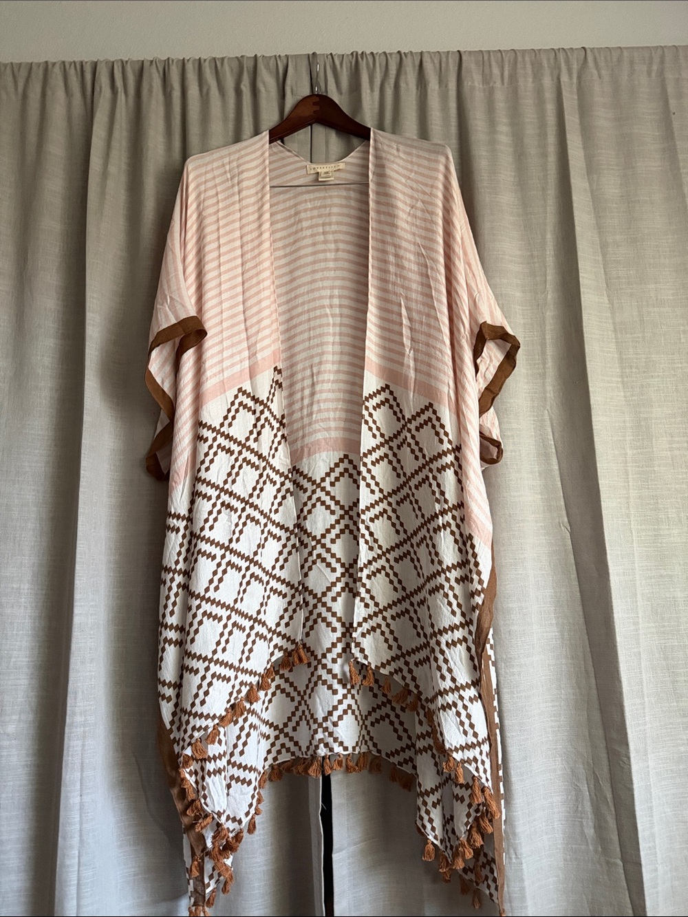 lovestitch Pink and Brown Geometric Fringe Kimono